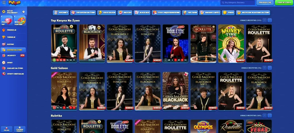 Sekcja live casino w aktualnym interfejsie Pistolo