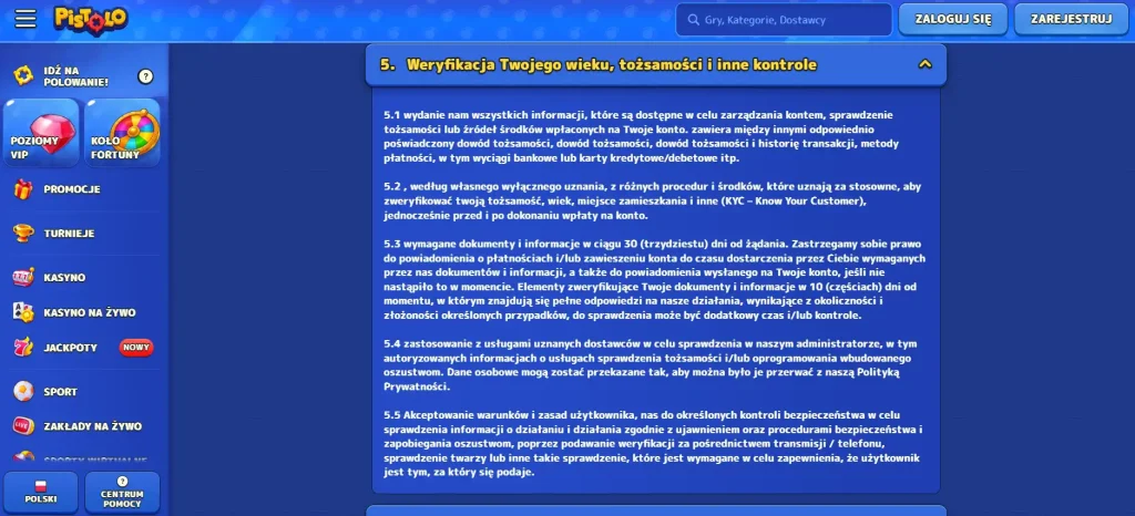 Sekcja weryfikacji konta Pistolo